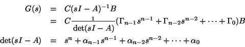 \begin{displaymath}\begin{array}{rcl}
G(s) & = & C (s I - A)^{-1} B \\
& = & C...
...}s^{n-1} + \alpha_{n-2}s^{n-2}
+ \cdots + \alpha_0
\end{array}\end{displaymath}
